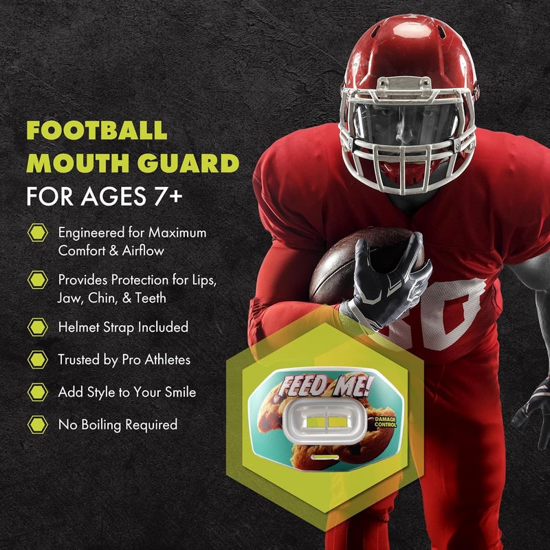 DAMAGE CONTROL Youth Football Mouth Guard – Breathable No Boil Mouthpiece, Protects Lips & Teeth, Works with Braces, Includes Helmet Strap – Sports Gear & Accessories (Feed Me!) - Image 2